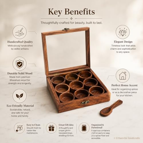 Image of Wooden Masala Box with Glass Lid|9 Compartments Spice Organizer for Kitchen|Handmade Sheesham Wood Spice Container|Traditional Masala Dabba for Herbs, Seasonings & Dry Fruits