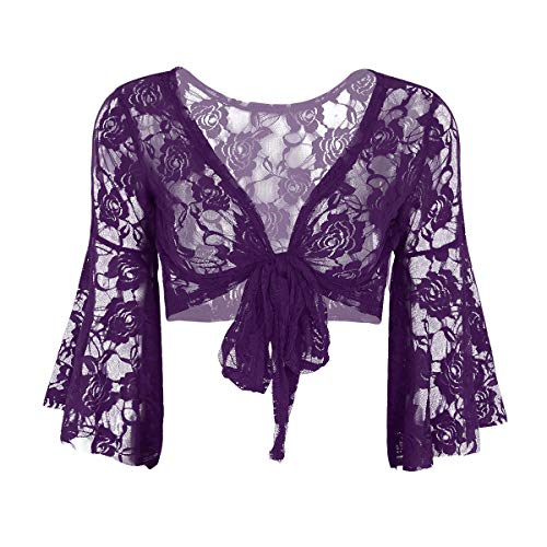 ranrann Boléro Danse du Ventre Femme Manche Longue Dentelle Gilet Transparent Top Sexy Cardigan Haut Danse Orientale Blouse Costume Danse Tenue Spectacle Dancewear Violet Taille Unique