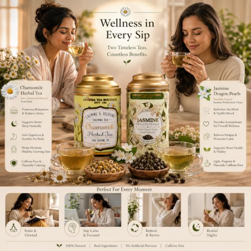 Image of Sancha Tea Boutique, Tea Combo Pack: Chamomile Flower, Caffeine Free Herbal, 50g & Jasmine Dragon Pearls Teas 50g, Loose Leaves