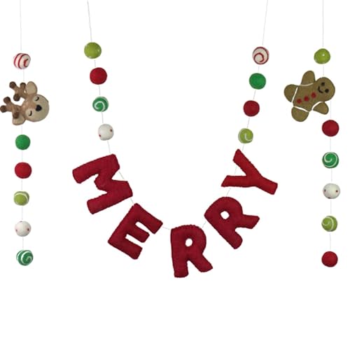 Christmas MERRY Garland- 6 ft String, 27 Shapes- Reindeer, Gingerbread- Red Green Dots & Swirls- 1" Balls, 3" Gingerbread, Reindeer- Fireplace