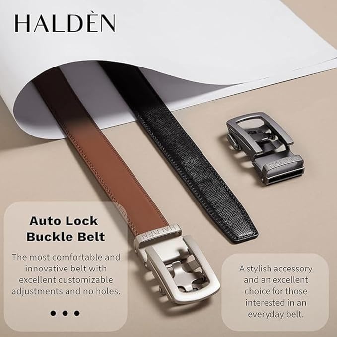 Image of HALDEN THEO Brown Belt For Men Leather Original (Adjustable Fits Up to 44 Inch Waist) Ratchet Strap with Classic Buckle & Magnetic Auto-lock