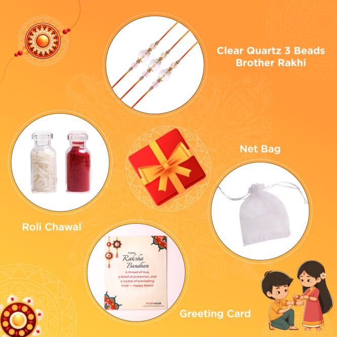 Image of Shubhanjali Crystal Beads Rakhi for Brother | Handmade Healing Crystal Stone Designer Rakhi for Bhaiya | Raksha Bandhan Gift Set with Roli Chawal, Kumkum, Greeting Card & Potli