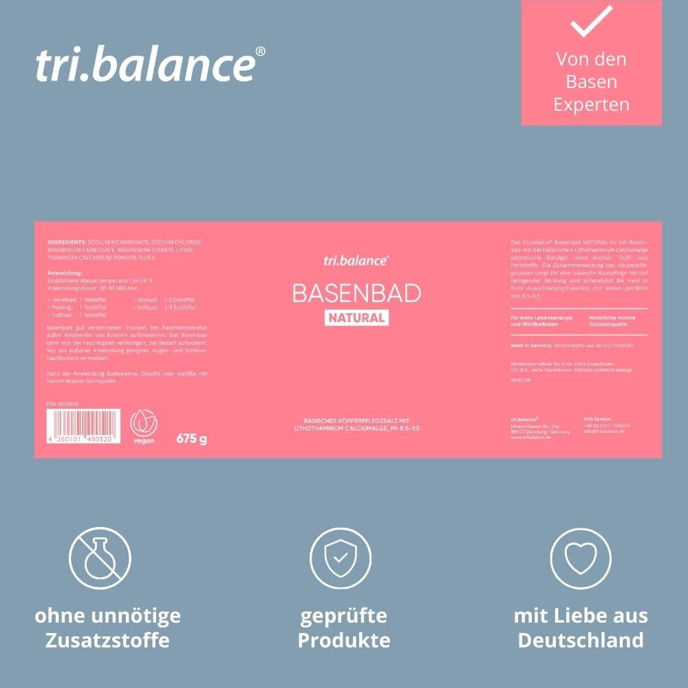 tri.balance Basenbad NATURAL 675 g – Körperpflegesalz, Badesalz I Natürliche marine Calciumalge zur basischen Hautpflege I pH-Wert 8,5-9,5