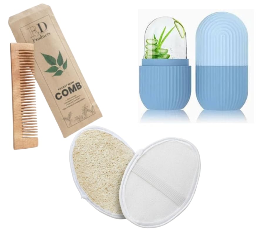 Hair & Skin Care Combo | Pocket Neem Wooden Comb | | Soft Bath Loofah & Cooling Ice Face Roller | Daily Personal Care Essentials (Pack of 3)-picture-55