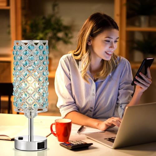 Image of Hong-in Blue Crystal Lamp Touch Control Set of 2, Crystal Table Lamps with USB C+A Ports & AC Outlet, 3-Way Dimmable Nightstand Touch Lamp, Modern Bedside Table Lamp for Bedroom(Bulbs Included)