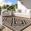 GENIMO Outdoor Rug for Patio Clearance, 5' x 8' Waterproof Plastic Straw Mat, Reversible Camping Carpet, Large Area Rugs Mats for Rv, Backyard, Deck, Porch, Picnic, Beach, Balcony, Black & Brown