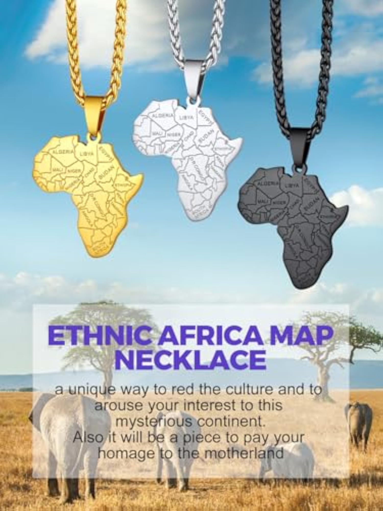 Men's African Map Necklace, Customizable 18K Gold Plated