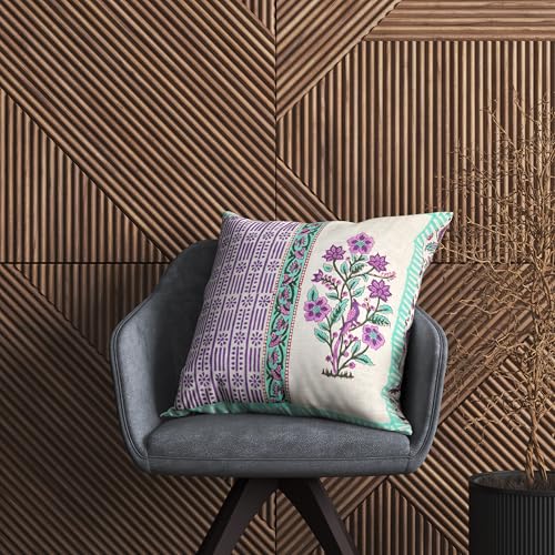Image of BLOCKS OF INDIA Hand Block Printed Cotton Linen Cushion Cover (16 x 16 inches) (DYE Purple Turq Half)