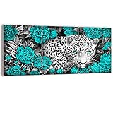 WELMECO Wildlife Animal Picture Black and White Leopard in Turquoise Poenies Flowers Painting Giclee