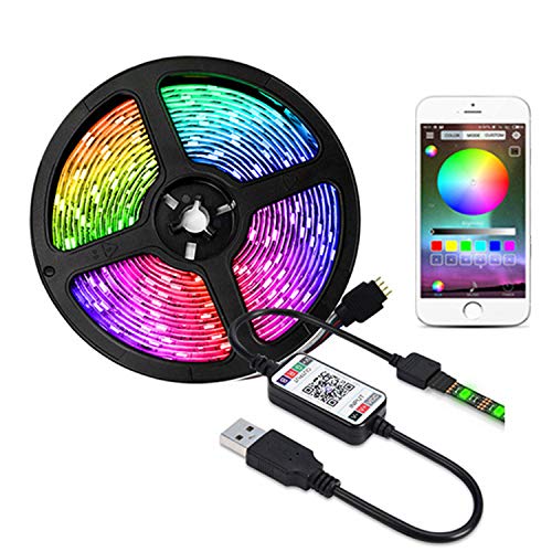 XUNATA Tira LED RGB alimentada por USB, sincronización de música y controlador Bluetooth, tiras LED 5050 de 5 V, cinta autoadhesiva para gabinete, estantería, TV, decoración de luz trasera (1 m, IP21