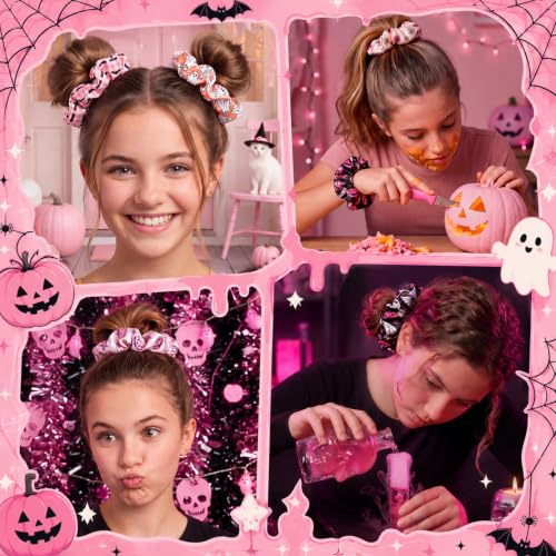 Yuxung 80 Pcs Pink Halloween Satin Hair Scrunchies for Women Spooky Cute Ghost Pumpkin Hair Ties Cute Elastic Bands Ropes Ponytail Holder Bulk Halloween Party Favors Goodie Bag Fillers - Image 6