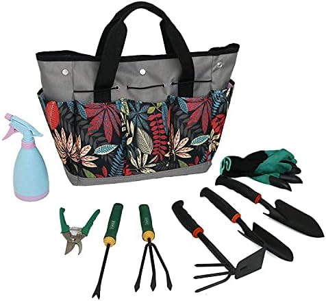 YGYQZ Gardening Tool Storage Bag with 9 Pockets - Gardening Gifts for Women, Garden Tool Holder Tote Bag Heavy Duty for Tool Set, Kit, Indoor and Outdoor, Organiser (Grey+ Printed)