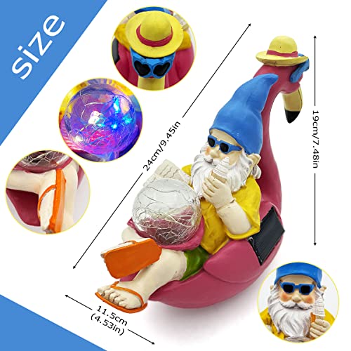 Perfectop Garden Gnome On Flamingo Statue With Solar Light, Funny Vacation Gnome Reclining On Flamingo Figurine, Adorable Hawaii Tropical Christmas Decoration Outdoor Patio Yard Lawn Beach Party Decor #TOP1