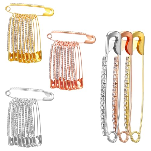 30 Pcs Rhinestone Safety Pins, Gold, Silver, Rose Gold Decorative Pins for Women, Safety Pin Brooch for Clothing, Socks, Hats, Bags