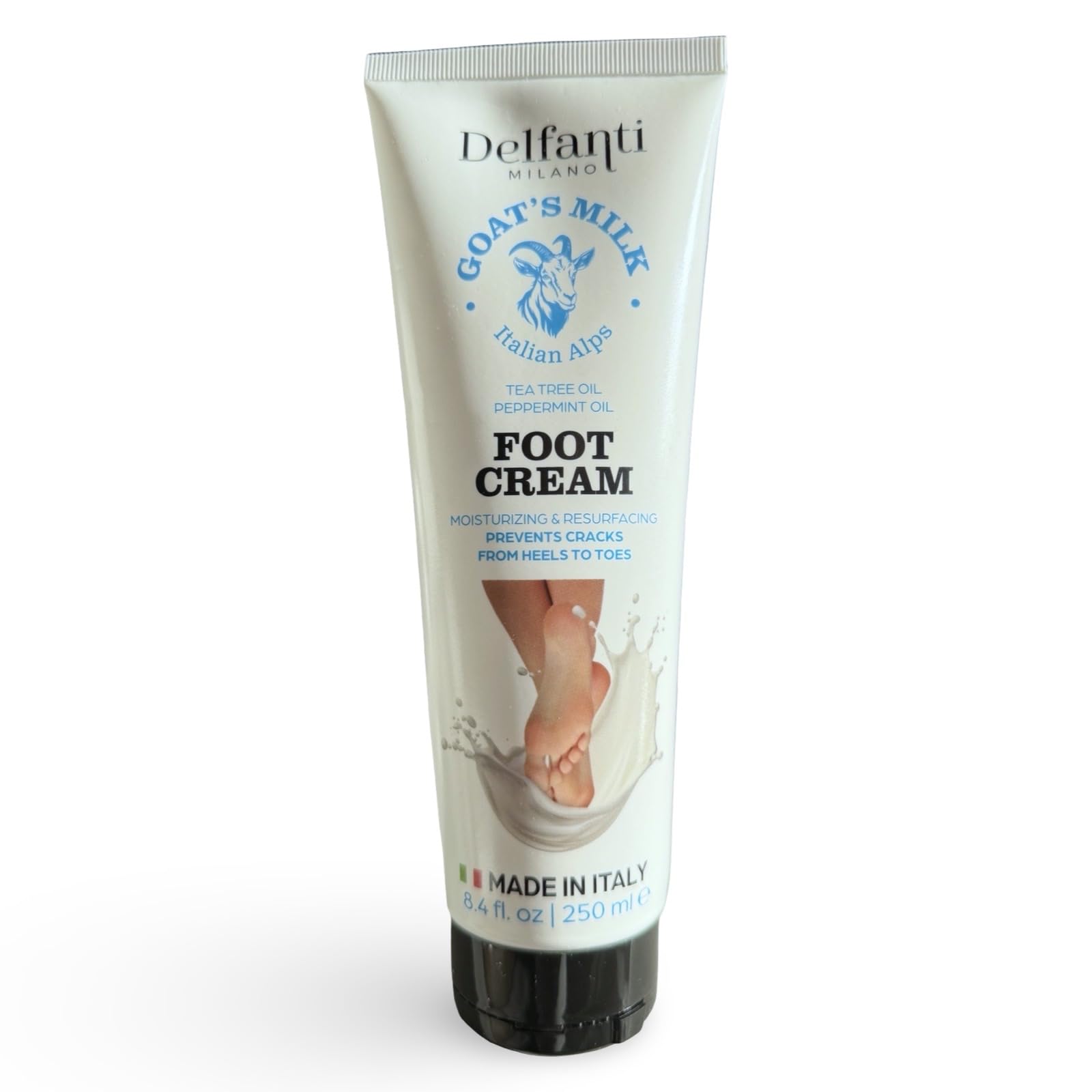 Delfanti-Milano - Goats Milk Moisturizing and Resurfaceing Foot Cream • Tea tree and Peppermint oils • 8.4 oz 250mL • Made in Italy