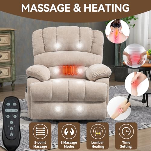 Image of Extra Large Power Lift Recliner Chair with Massage, Lumbar Heat, and USB Charging - Ideal for Enhanced Comfort and Mobility (42 x) (Beige + Chenille + Fiber Foam and Polyester Fiber Pa)