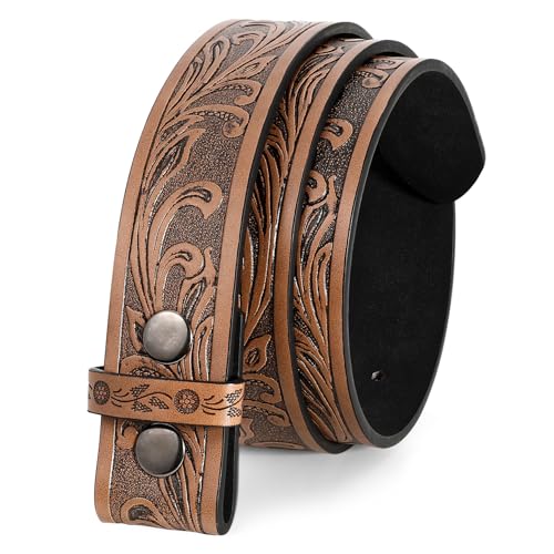 Men Women Western Belt Strap for Jeans Dress Cowboy Cowgirl Floral Embossed Leather Belt Strap without Buckle 1.5