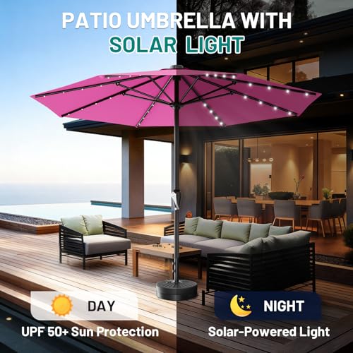 Image of AreShark 12FT Large Patio Umbrella with Solar Lights, Solar Powered Outdoor Umbrella with Crank, Patio Table Market Umbrellas for Garden, Deck, Backyard, Pool and Beach, Rose Pink
