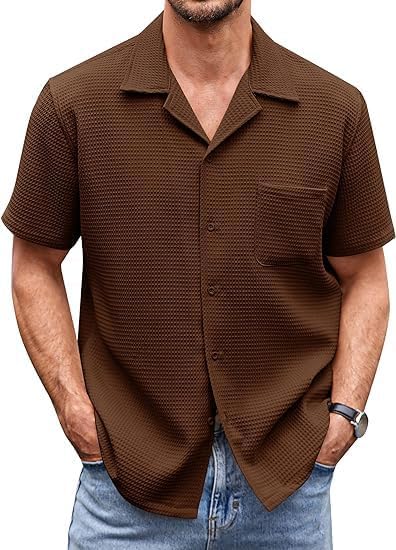Image of Casual Waffle Knit Shirt for Men Stylish Half Sleeve Mens Shirts M to 3XL