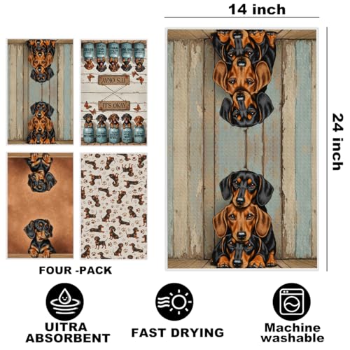 Image of 4 Pcs Dachshund Kitchen Towels 24x14 Inch, Dachshund Gifts Reusable Dish Towels for Kitchen Bathroom Decor, Weiner Dog Hand Cloth Tea Towel, Cute Dog Inspirational Gifts for Women Mom Friend