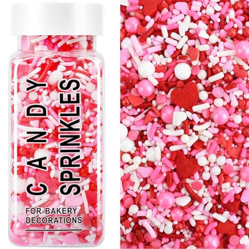 Valentines Sprinkles, 4.3oz Edible Heart Sprinkles Pink White Red Sprinkles for Valentines Day Baking Cookies Cakes Cupcakes Decorating