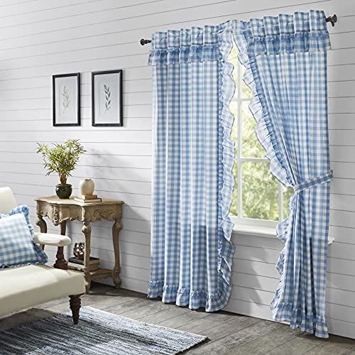 VHC Brands Annie Blue Buffalo Check Farmhouse Ruffled Panel Curtain Set 84×40