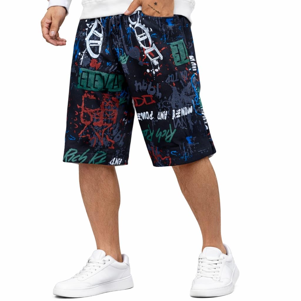 Men's Printed Cotton Casual Shorts Black Graphic Graffiti Print Shorts Regular Fit Mid-Length Summer Shorts with Elastic Waistband & Drawstring Comfortable Daily Use-image-0