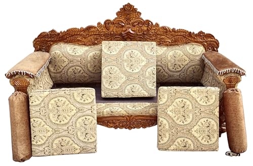 Image of Wooden 5 Seater Sofa Set with Center Table | 3+1+1 Solid Wood Hand-Carved Brown Sofa with Traditional Design Furniture for Living Room | Home | Office