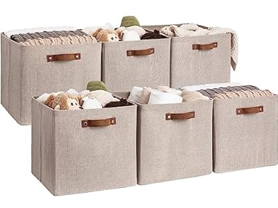 StorageWorks 13x13 Inches Storage Cube, Fabric Storage Bins with PU Handles, Collapsible Organizer Baskets for Closet, Brown and Beige, 6-Pack