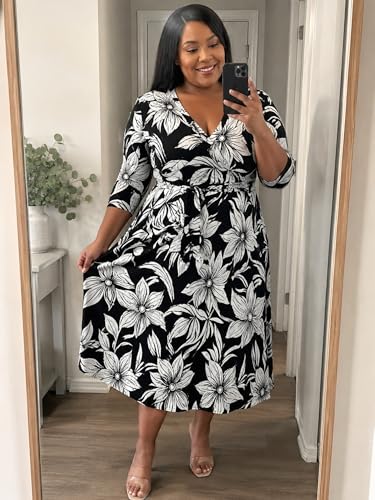 Image of PinkPatty Women's Plus Size Maxi Dress Print 3 /4 Sleeves V Neck Party Sundress Wedding Guest Dresses