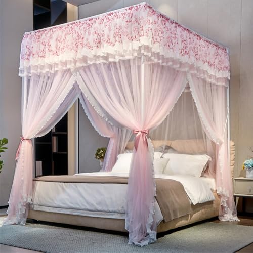 GUOIOOI Cortinas de Cama con Dosel Blanco tamaño Queen, Dosel de Cama con Bordado de Mariposa de Encaje de Gasa Que Fluye romántico de 4 Postes con Tapa a Prueba de Polvo(Peach Pink,Queen/1.8x2M)