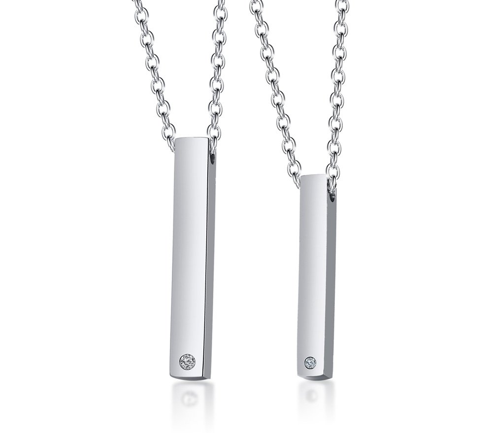 VNOX 2Piezas Joyas de Parejas Personalizadas Collar de Pareja Personalizado Collar de Barra de Circón de Acero Inoxidable Colgante para Hombres Mujeres, Grabado Libre,Cadena Libre