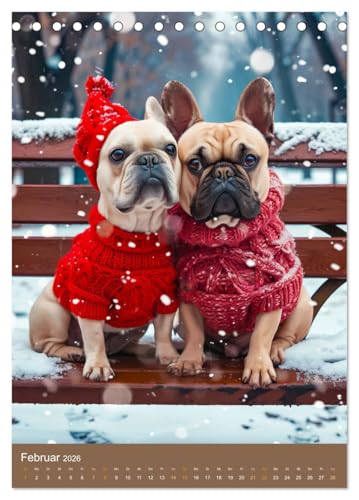 Frenchie Couture - Französische Bulldoggen in Strick-Chic (Tischkalender 2026 DIN A5 hoch), CALVENDO Monatskalender: Französische Bulldoggen in lustigen Hundestricksachen (CALVENDO Tiere)