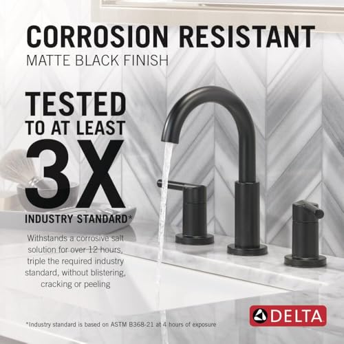 Delta Nicoli Matte Black Bathroom Faucet 3 Hole, 8 Inch Widespread Bathroom Sink Faucet for Vanity, Push-Pop Drain Assembly, Matte Black 35749LF-BL