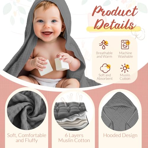 Image of VitalCozy 12 Pcs Baby Muslin Hooded Bath Towels and Washcloths, Muslin Hooded Baby Towels Absorbent Blankets for Gift Newborn Infant Shower (Pastel)