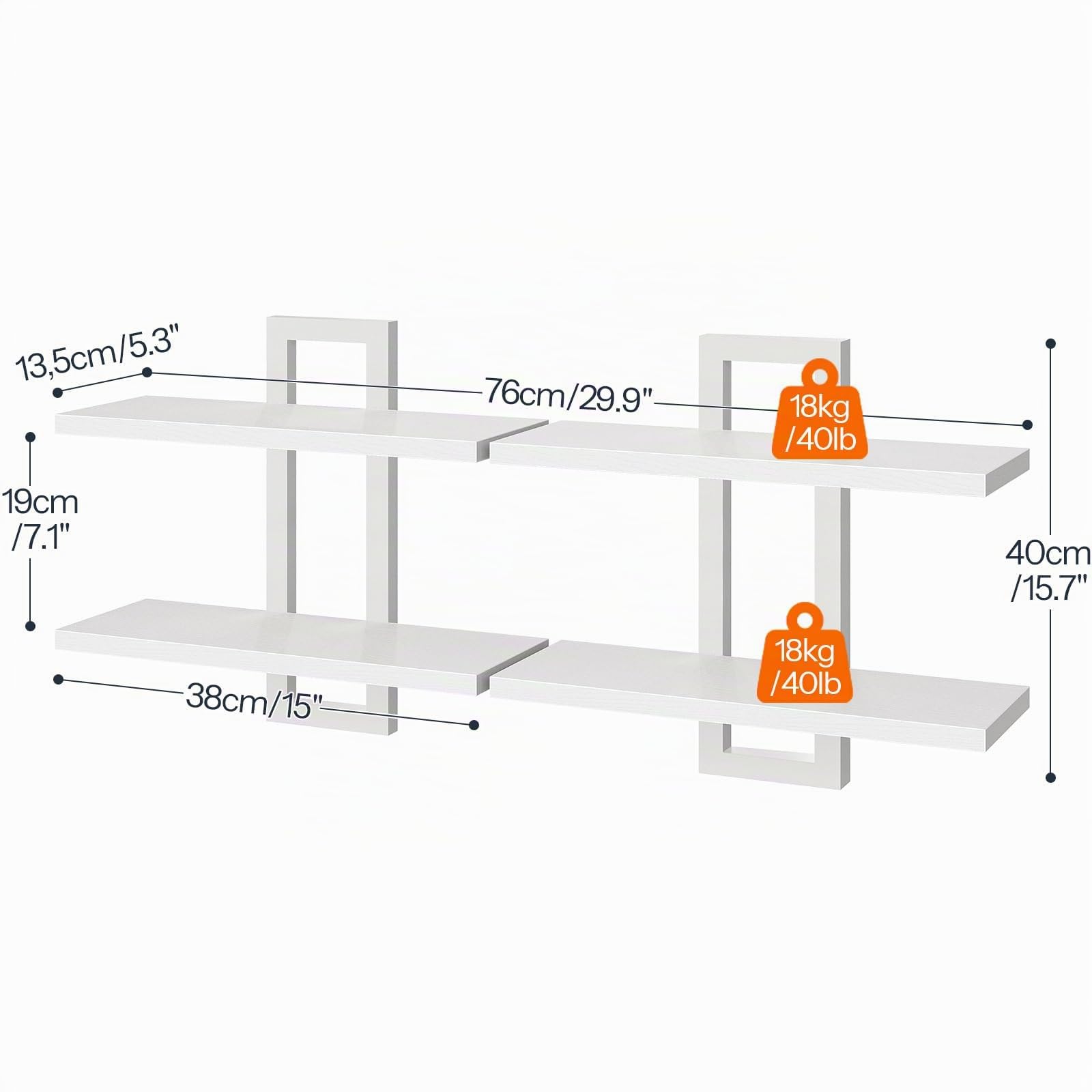 HOOBRO Estanterías de Pared, Juego de 2 Estanterías Colgantes de 38 cm, Montaje en Pared, 2 Niveles, para Sala de Estar, Dormitorio, Baño, Cocina, Blanco EWW32BJ01