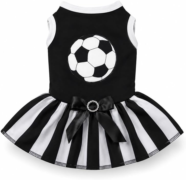 Petitebella Soccer Dog Dress with Striped Tutu Skirt Cute Pet Apparel with Football Graphic Soft Puppy Summer Clothes for Small Medium Dogs Sports Fan Outfit for Parties (Black/Stripes, Small)
