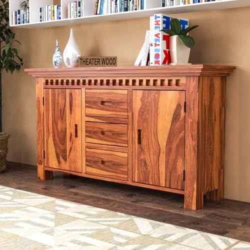 Image of Solid Sheesham Wood Sideboard and Cabinets | Wooden Side Board Media Console Tv Cabinet for Living Room | Free Standing Cabinet with 3 Drawers & 2 Door Cabinet Storage | Natural Finish