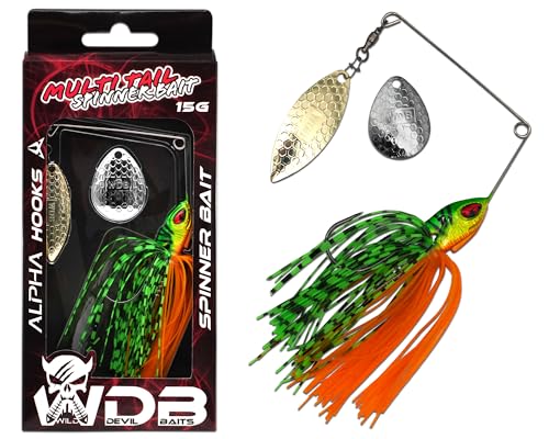 Wild Devil Baits Multi Tail Spinnerbait Spinner Bait Kunstköder Spin Jig Angelköder Barsch Hecht Zander (Fire Tiger, 15g)