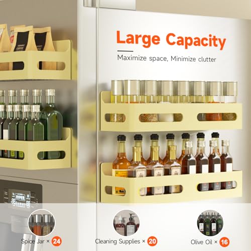 Image of Sevenblue 4-Pack Magnetic Spice Rack for Refrigerator with Hooks, Yellow | Strong multipurpose magnetic shelf for kitchen & bathroom organization. Includes 4 removable hooks for hanging items.