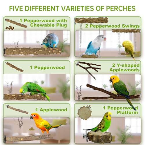 Image of Natural Wood Parrot Perch 8pcs Set Apple & Pepperwood Perches, Swings, Platforms, Chewing & Paw Grinding Stands for Small to Medium Birds, Cage Accessories(8 PCS Swing, Universal)