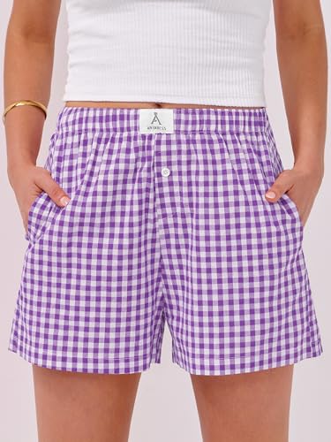 Image of ANRABESS Boxer Shorts for Women Gingham Pajama 2026 Summer Casual Lounge Sleep Plaid Shorts Y2K Beach Bottoms