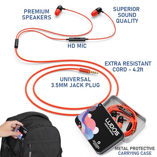 Image of LUDOS Clamor Wired Earbuds in-Ear Headphones, 5 Years Warranty, Earphones with Microphone, Noise Isolating Ear Buds, Memory Foam for iPhone, Samsung, School Students, Kids, Women, Small Ears - Coral