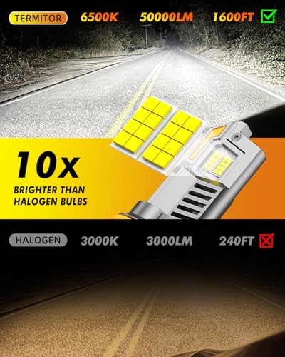 Image of Termitor 9004 HB1 Bulbs Hi /Low Beam, 50,000LM 6500K White Brightness, True 1:1 Halogen Size, 85000+ Hours Lifespan, 3 Min Plug-N-Play 9004 Fog Lights with Cooling Fan, Pack of 2