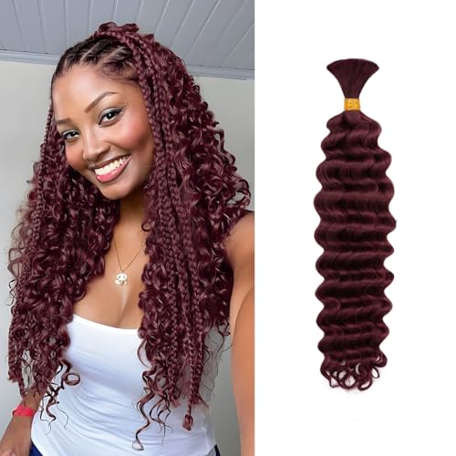 1 Bundle Human Braiding Hair for Boho Braids, 16Inch 40G #99J 10A Brazilian Virgin Deep Wave Bulk Human Hair for Braiding, Wet And Wavy No Weft Curly Braiding Hair for Boho Knotless Braids 1