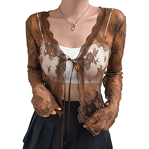 Elegant Women Lace Cardigan Long Sleeve See Through Sheer Shrug Mesh Blouse Tie Up Crop Tops