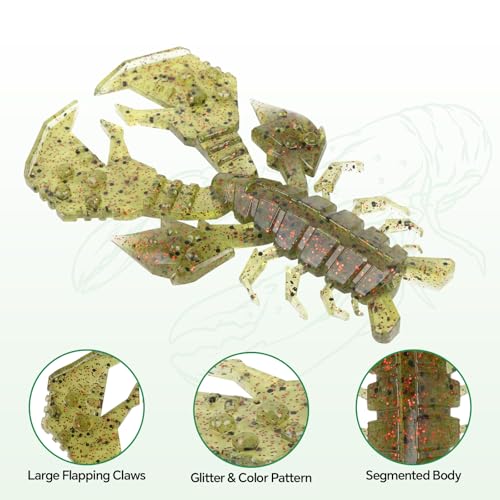 Image of Battle Craw Soft Plastic Crawfish Lures Kit with Removable Rattles | Salt Infused Creature Bait for Bass Fishing, Texas Rig & Jig Trailer Lure in Tackle Box, Realistic 1:1 Claw-to-body 4.1 /5.5in