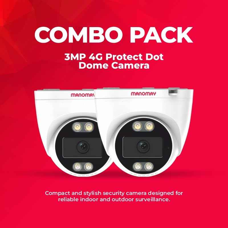 Image of MANOMAY Protect Dot 3MP 4G Dome CCTV Security Camera (Pack of 2) BIS-ER STQC Certified, Standalone SIM Based, 10X Zoom, Color Night Vision, AI Human Detection, 2-Way Audio, Alexa, 256GB Memory Card