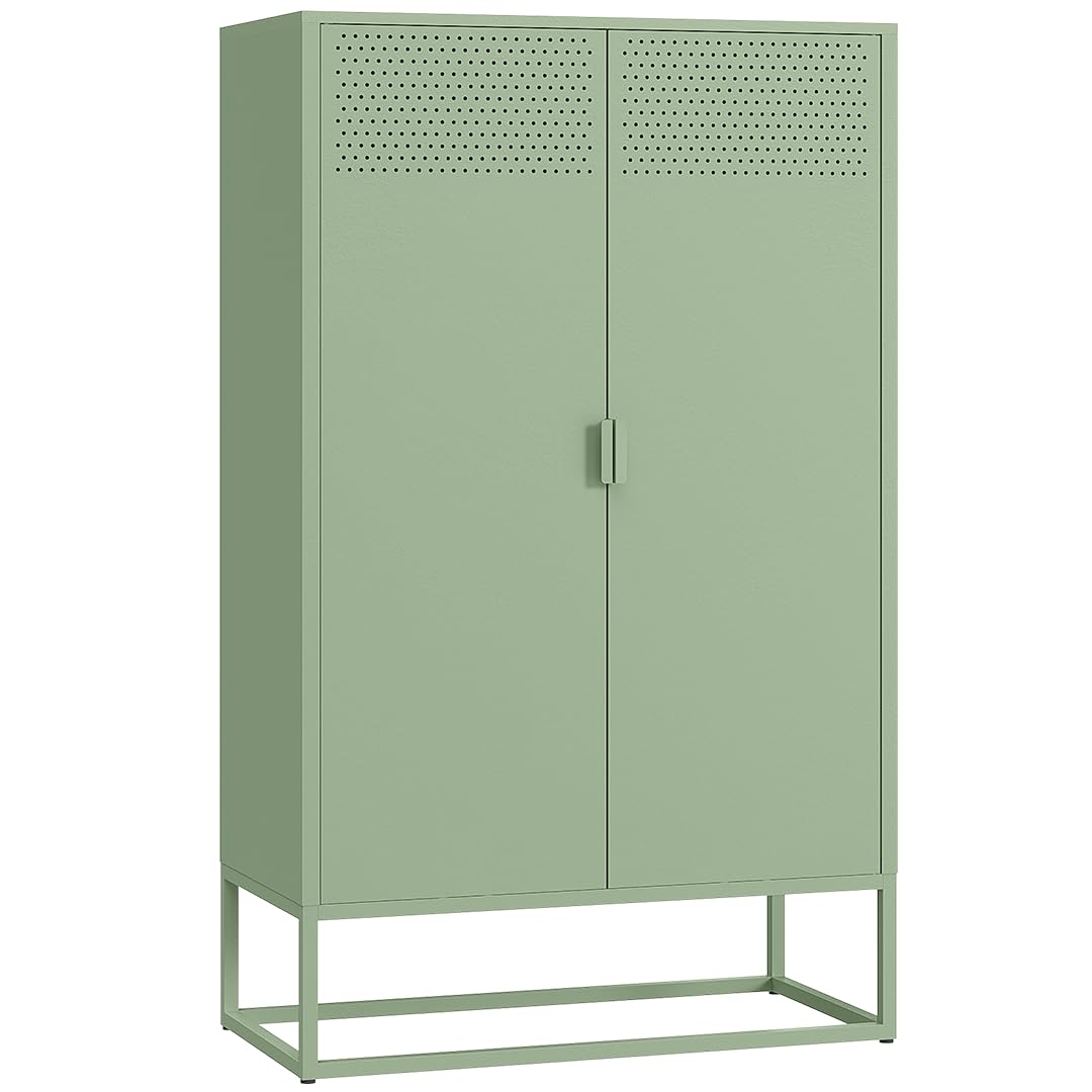 skølm Izar Metall Kommode – Wohnzimmerschrank in Mintgrün – Metallschrank mit 3 Fächern & Doppeltüren – Sideboard für Wohnzimmer – Mehrzweckschrank 80 cm breit – Highboard Industrial Style
