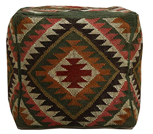 Trade Star Kilim Pouf Cover Authentic Handmade Ottoman Footstool Vintage Wool Jute Pouffe Cover Rustic Home Decor Seating Pouf Fair Trade Floor Cushion for Living Room (Pattern 5)
